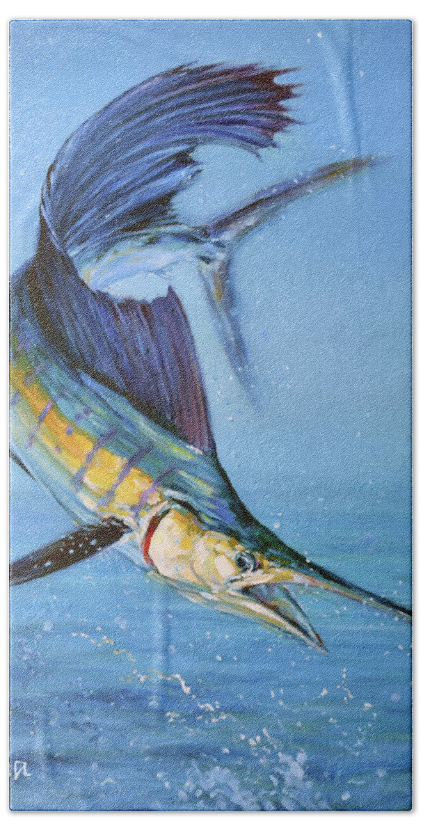 Fish Hand Towel featuring the painting Sailfish in storm by Tom Dauria