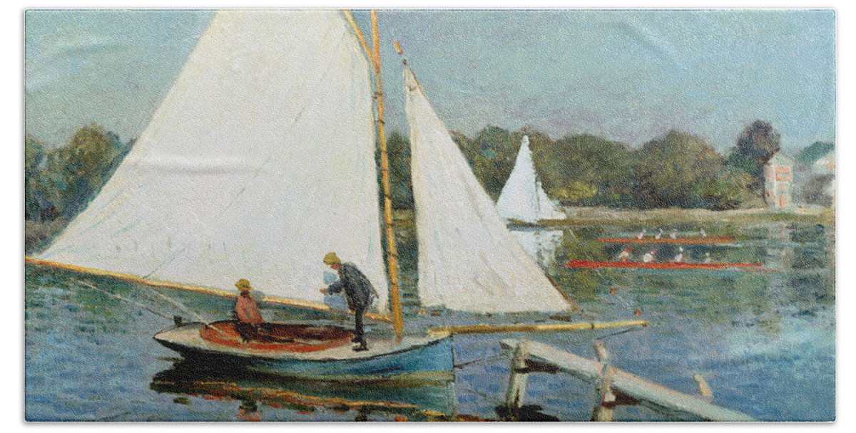 Rowing; Scull; Sail Boat; Jetty; Canotiers A Argenteuil Hand Towel featuring the painting Sailing at Argenteuil by Claude Monet