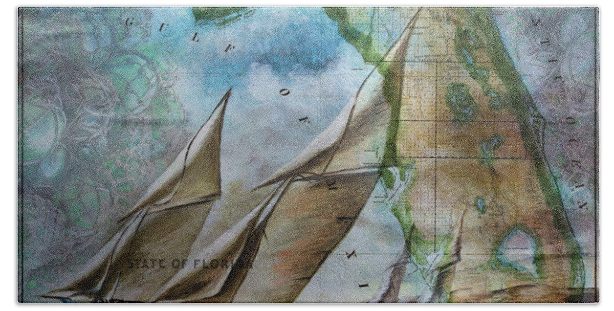 Atlantic Bath Towel featuring the photograph Sailing in Florida Antique Map by Debra and Dave Vanderlaan