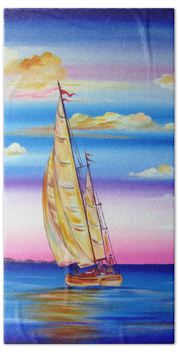 Sails Hand Towel featuring the painting Sailing Into A Dreamy Sunset by Roberto Gagliardi