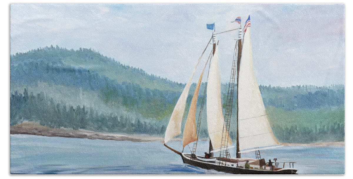 Schooner Ship Bath Sheet featuring the painting Sailing into Castine Harbor by Stella Sherman