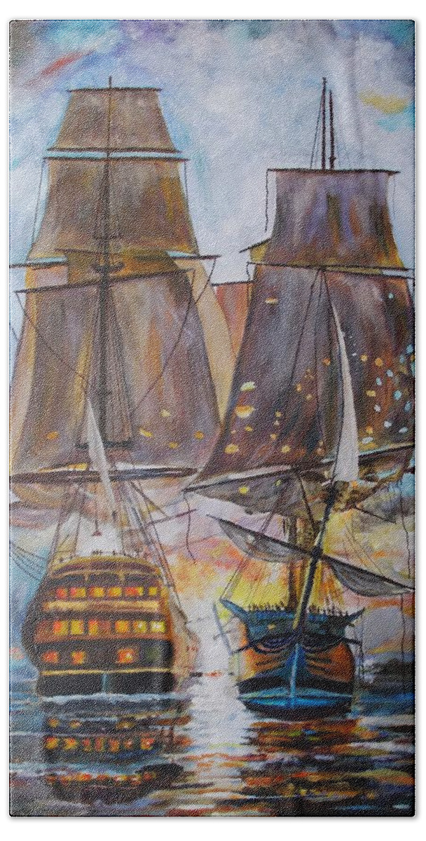 History Bath Towel featuring the painting Sailing Ships at War. by Mike Benton