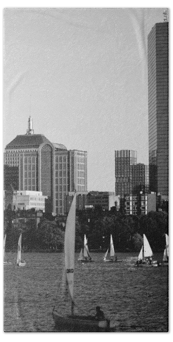 Charles Hand Towel featuring the photograph Sailing the Charles River Boston MA Black and White by Toby McGuire