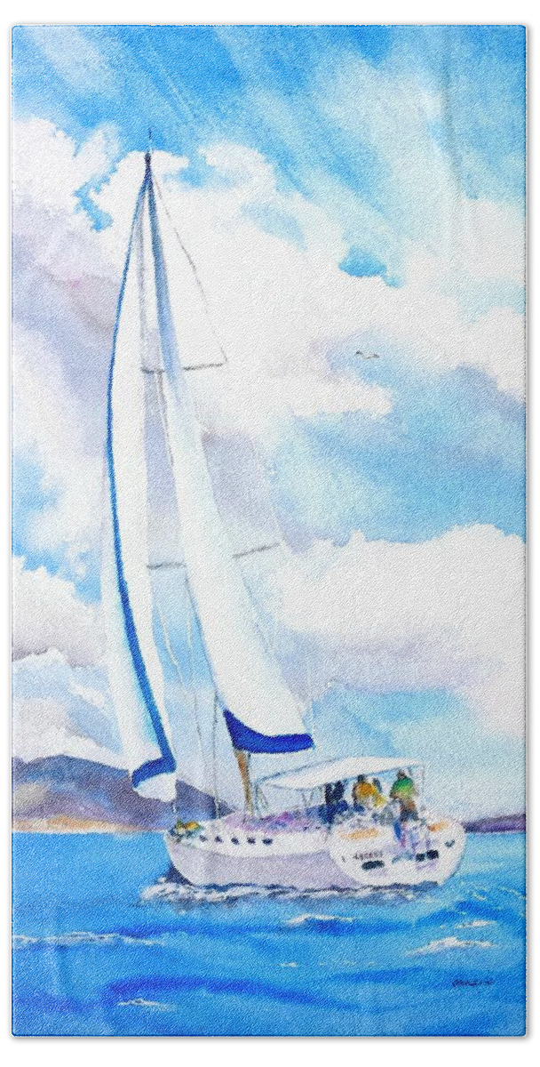 Sailboat Hand Towel featuring the painting Sailing the Islands by Carlin Blahnik CarlinArtWatercolor