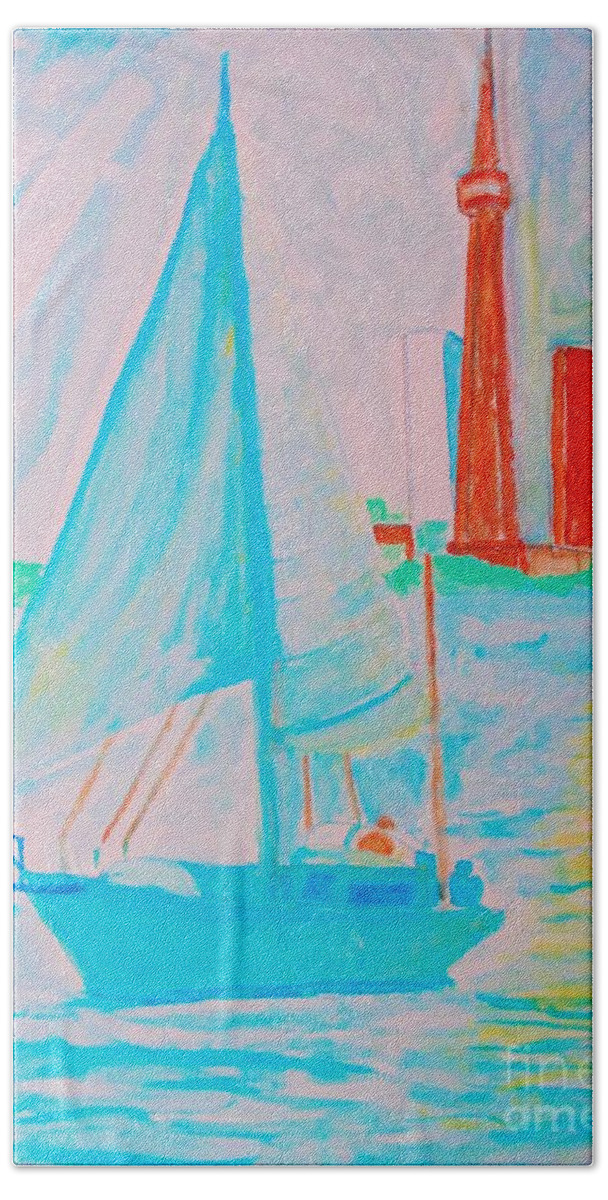 Sail Bath Towel featuring the painting Sailing Toronto, Canada by Stanley Morganstein