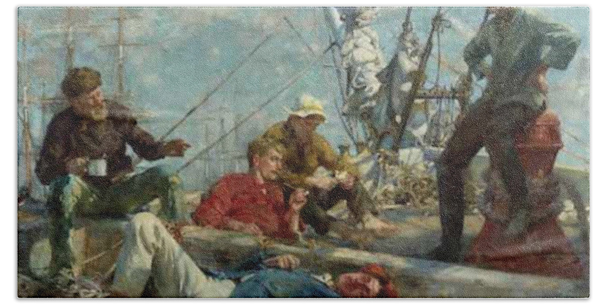 Henry Bath Towel featuring the painting Sailors Yarning by Henry Scott Tuke