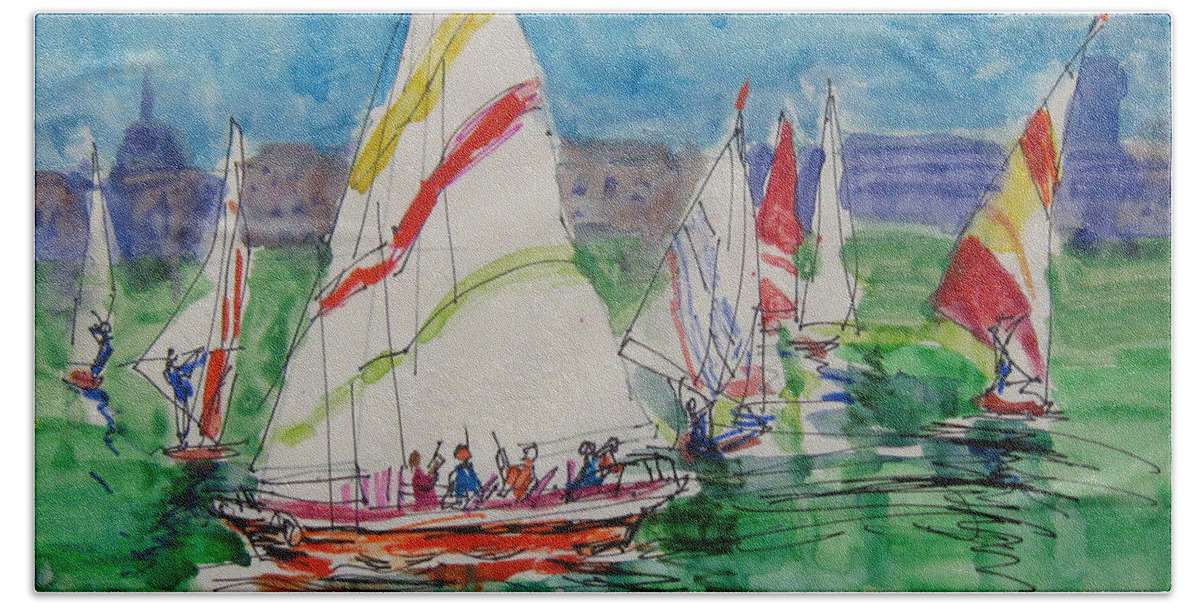 Boats Hand Towel featuring the drawing Sails I by Guanyu Shi