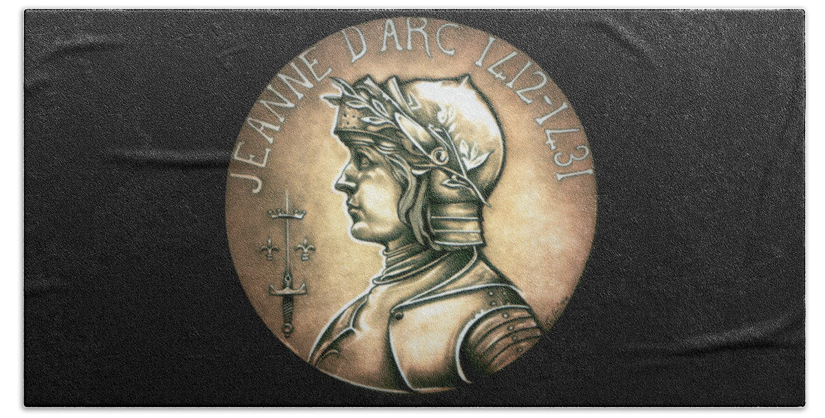 Coin Bath Towel featuring the drawing Saint Joan of Arc by Fred Larucci