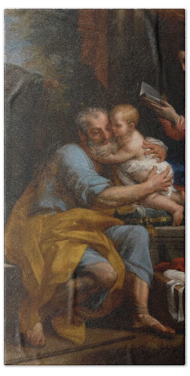 Carlo Maratta The Holy Family Bath Towel featuring the painting Saint Joseph Embracing The Christ Child by Carlo Maratta