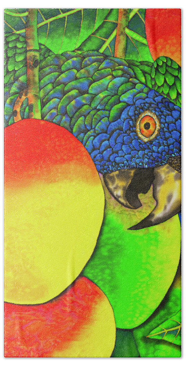 Bird Bath Towel featuring the painting Saint Lucia parrot with mangos by Daniel Jean-Baptiste