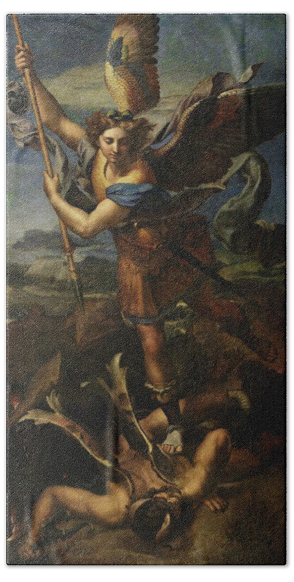 Urbino Bath Towel featuring the painting Saint Michael Defeats Satan by Troy Caperton