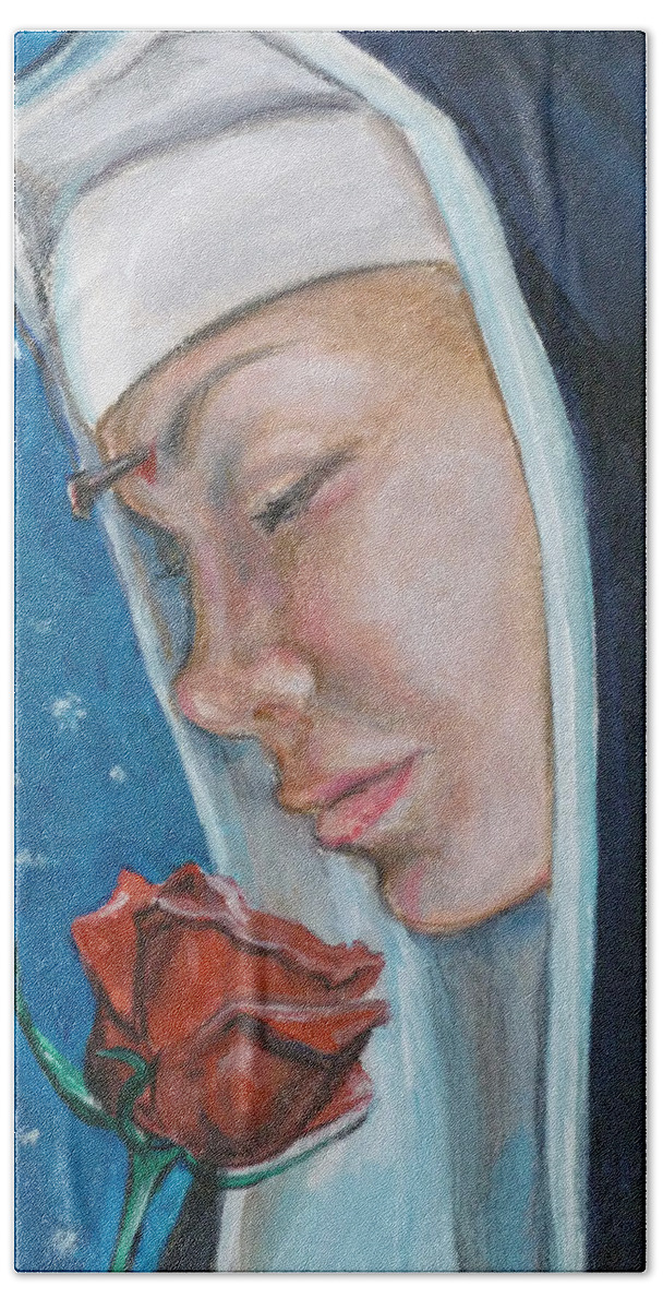Saint Rita Hand Towel featuring the painting Saint Rita of Cascia by Bryan Bustard