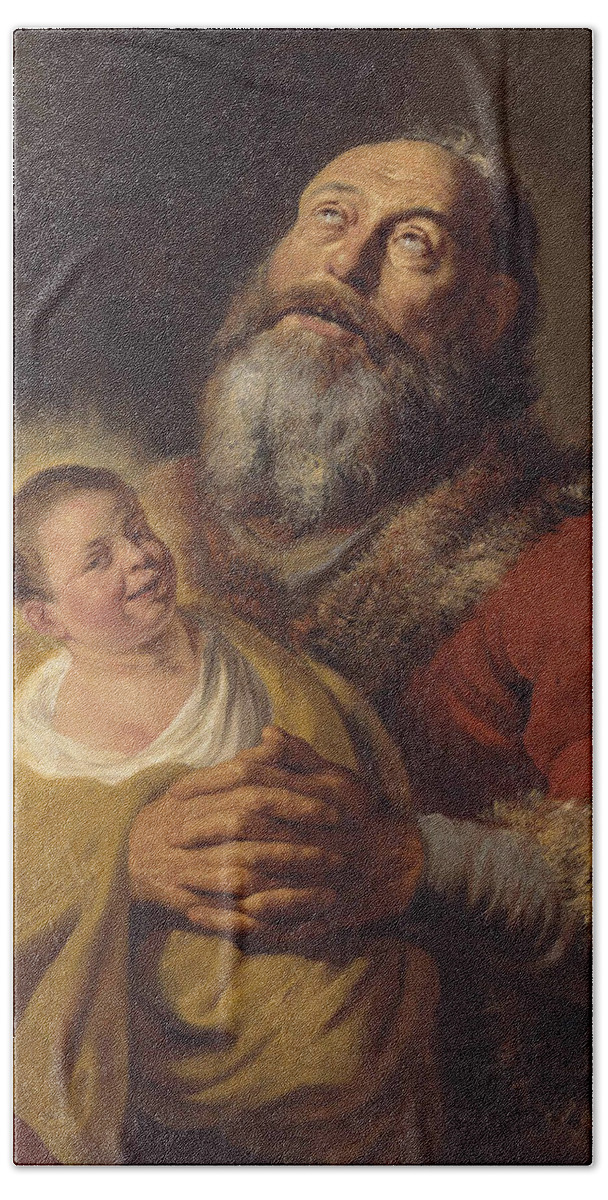 Jan Lievens Bath Towel featuring the painting Saint Simon with the Christ Child by Jan Lievens
