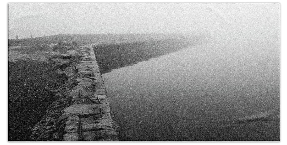 Salem Bath Towel featuring the photograph Salem Derby Wharf Disappearing into Nothingness Foggy Day in Salem MA Black and White by Toby McGuire