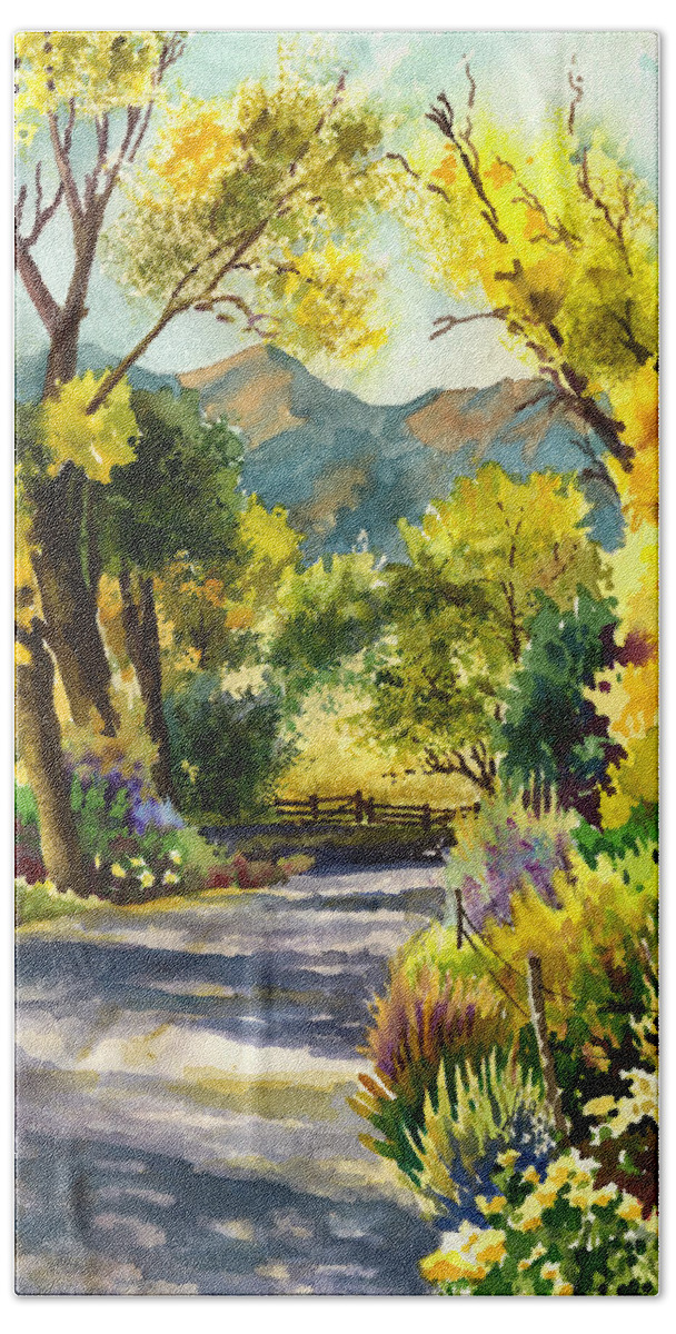 Salida Colorado Painting Bath Towel featuring the painting Salida Country Road by Anne Gifford