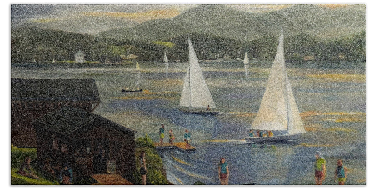 Sailing Bath Towel featuring the painting Sailing at Lake Morey Vermont by Nancy Griswold