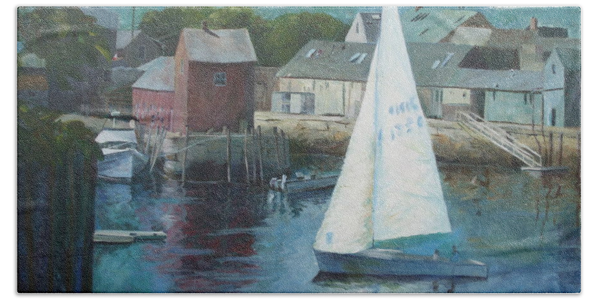 Red Hand Towel featuring the painting Saling In Rockport MA by Claire Gagnon