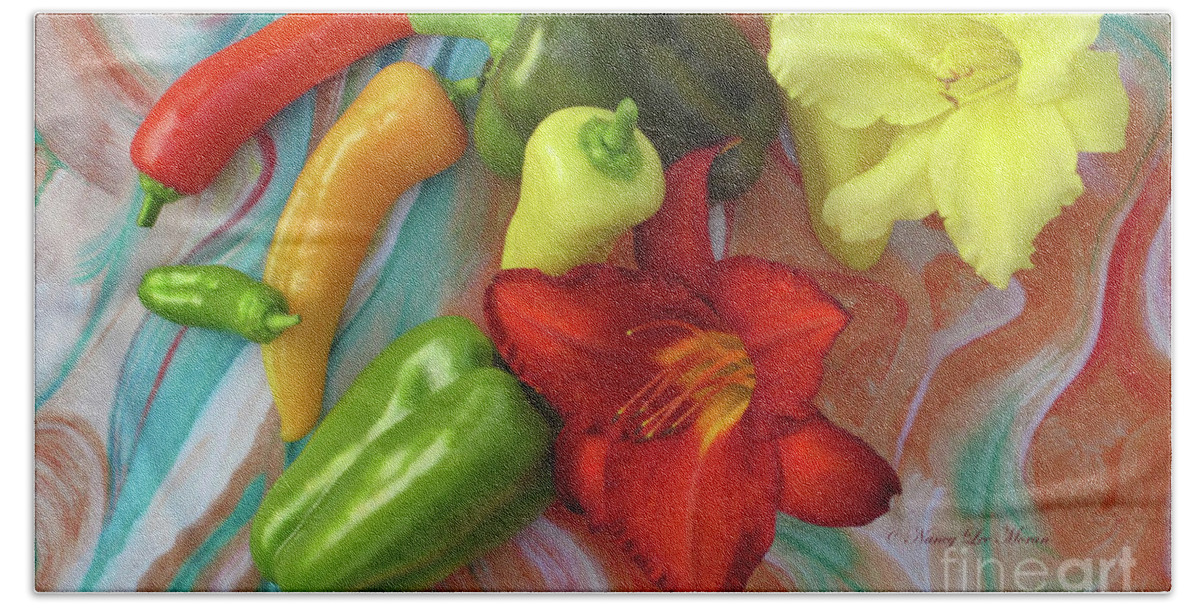 Salsa Peppers Bath Towel featuring the photograph Salsa Peppers and Two Daylilies on Marbleized Silk by Nancy Lee Moran