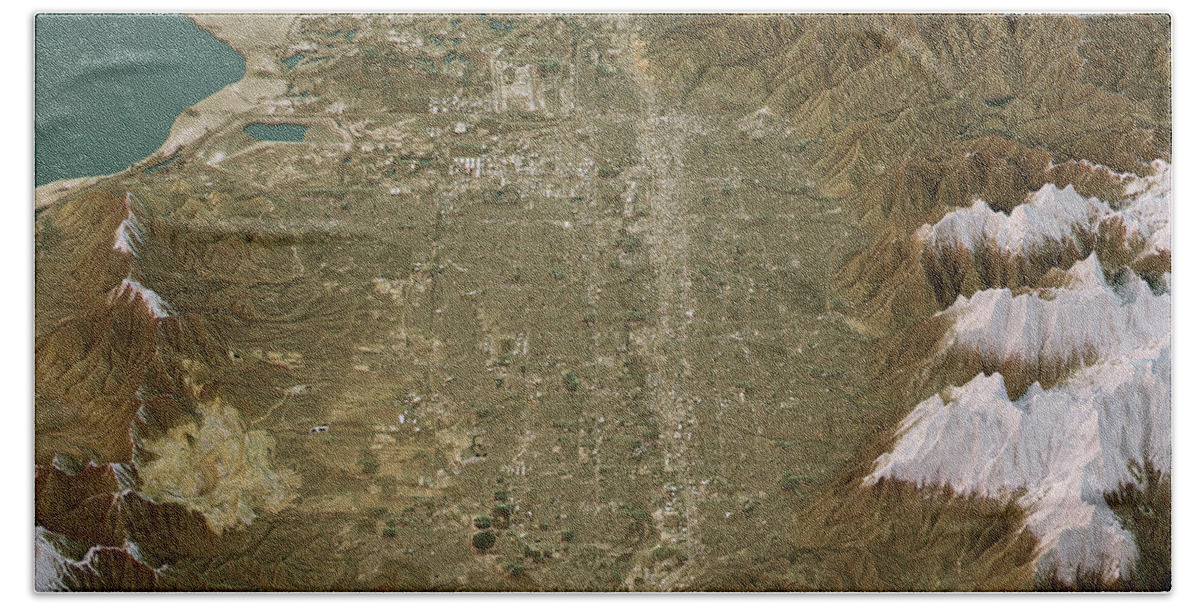 Salt Lake City Hand Towel featuring the digital art Salt Lake City Topographic Map 3D Landscape View Natural Color by Frank Ramspott