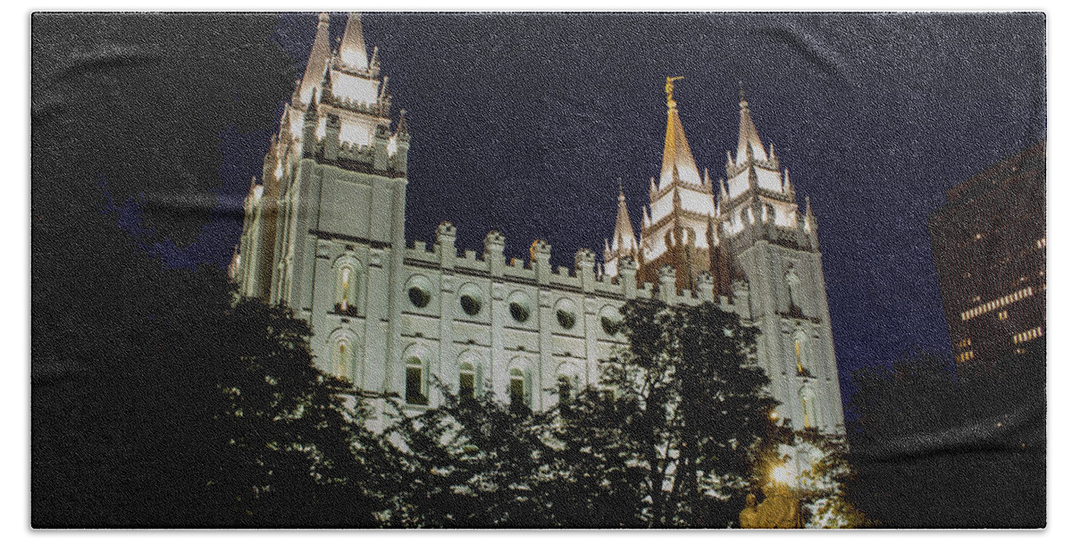Trees Hand Towel featuring the photograph Salt Lake Temple at Night by K Bradley Washburn