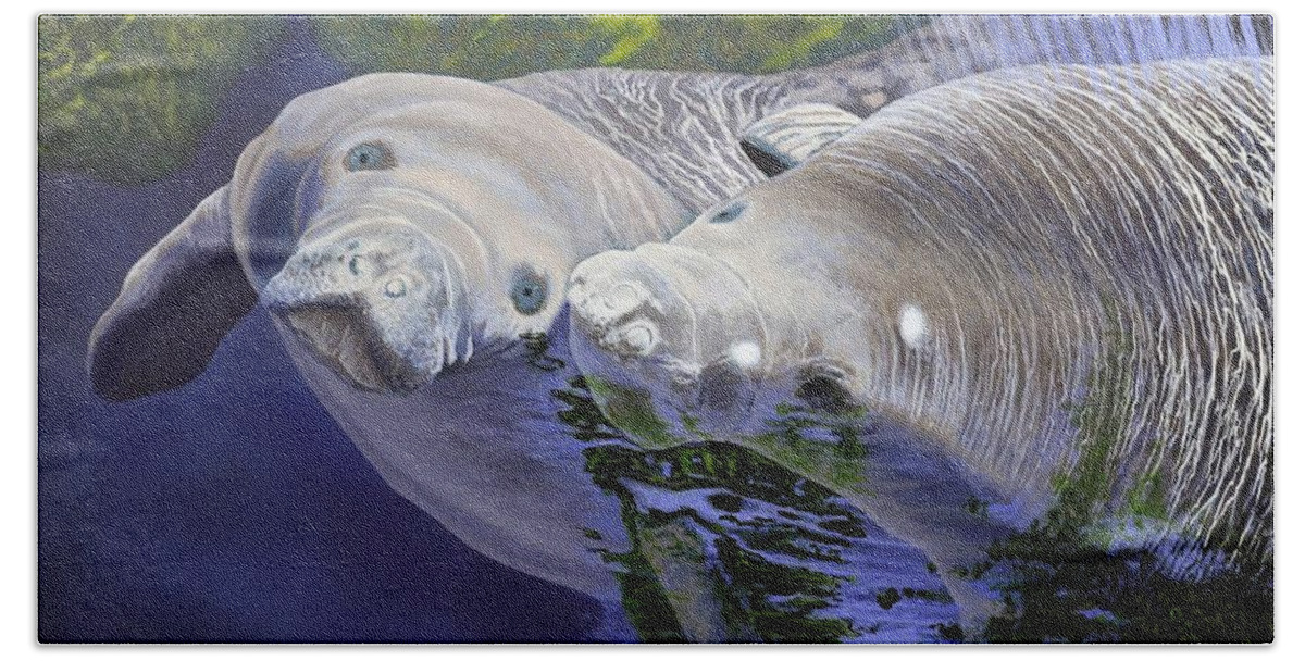 Manatee Bath Towel featuring the painting Salt Water Ballet - Manatees by Anthony J Padgett