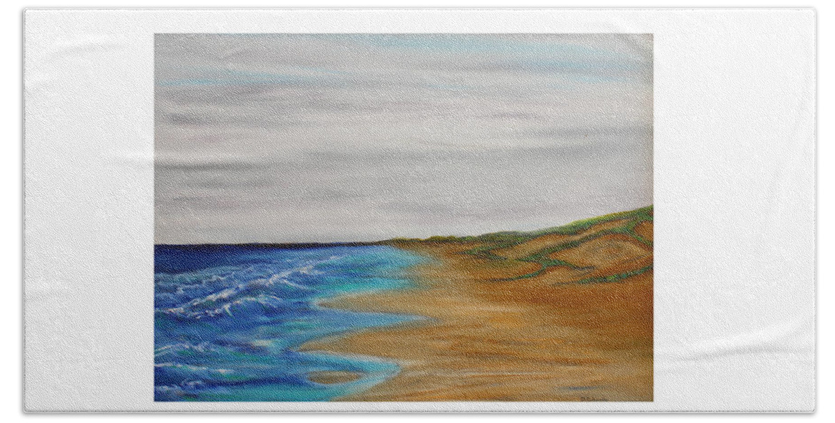 Silver Mist Salt Ocean Dunes Morning Beach Ocean Sand Waves Coastal Clouds Grass Walk Peace Tranquil Spiritual  Hand Towel featuring the pastel Salty Morning by Daniel Dubinsky