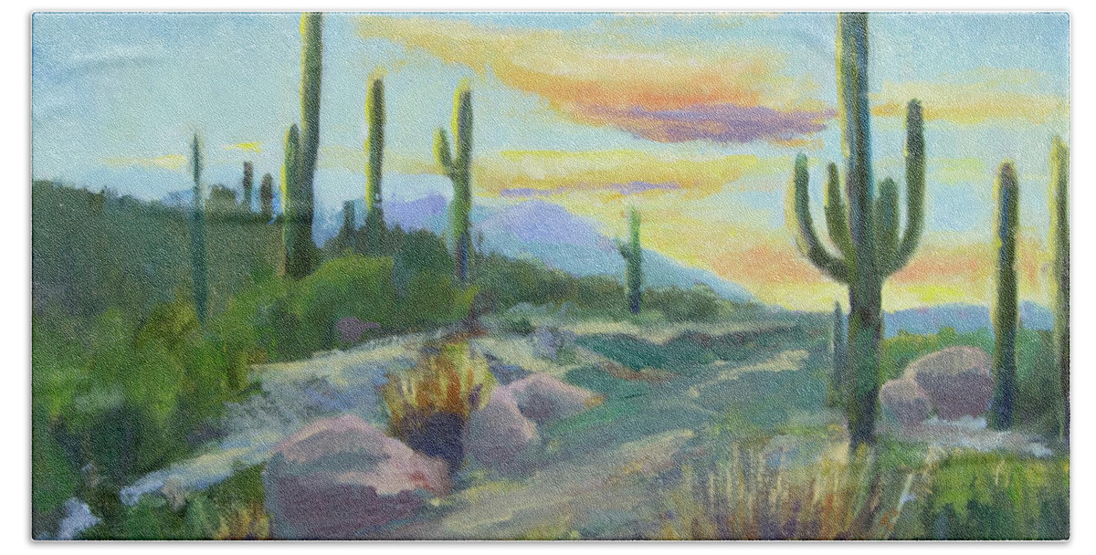Sonoran Sun Bath Towel featuring the painting Salutation to the Tucson Sun by Maria Hunt