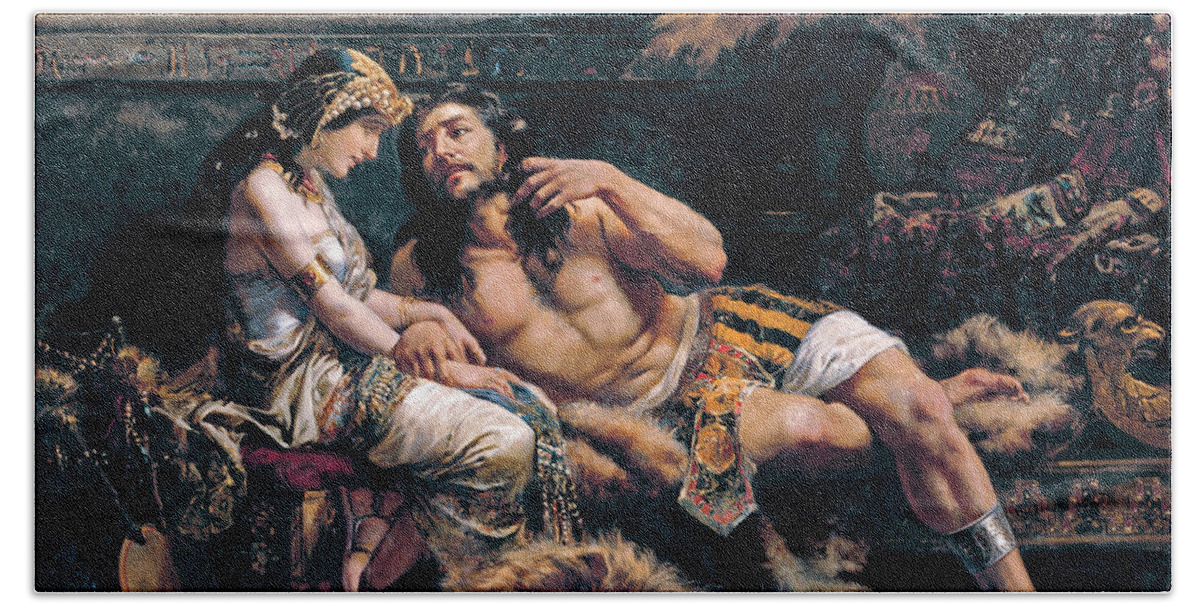 Jose Echenagusia Bath Towel featuring the painting Samson and Delilah by Jose Echenagusia
