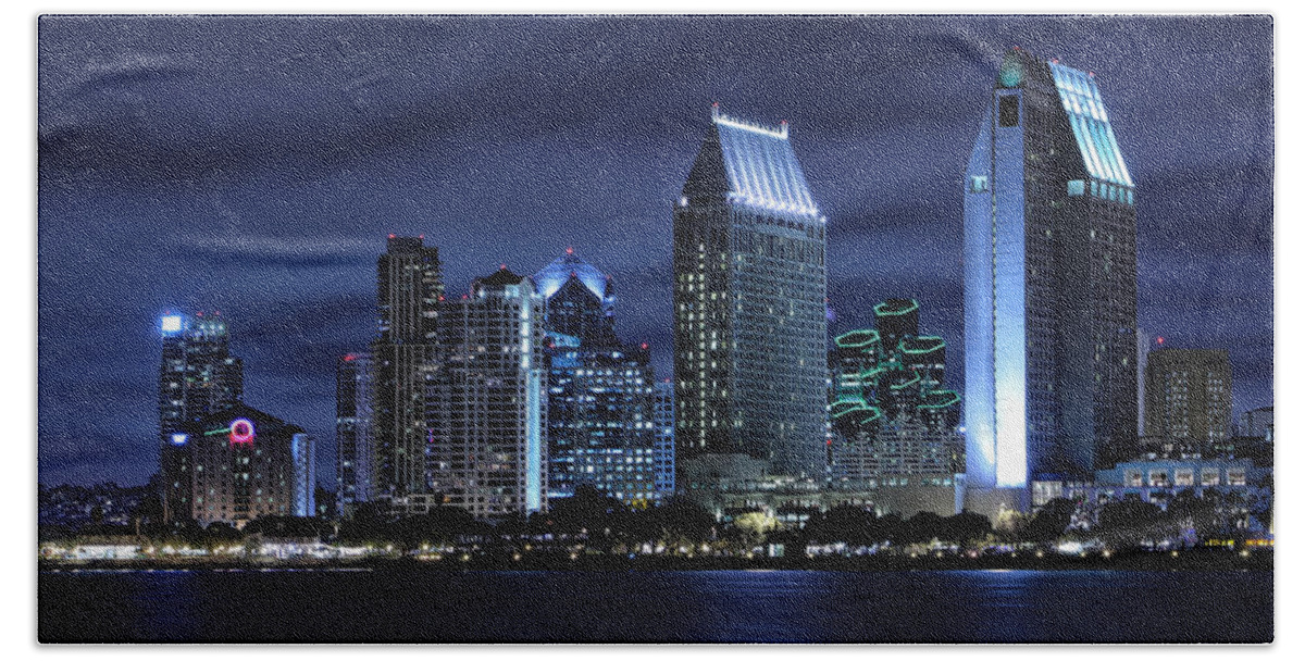 San Diego Hand Towel featuring the photograph San Diego Skyline at Night by Larry Marshall