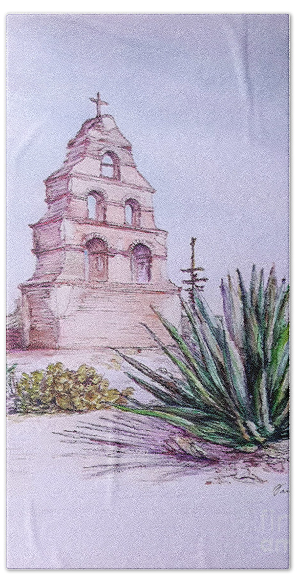 California Missions Hand Towel featuring the drawing San Miguel Mission, Bell tower by Danuta Bennett