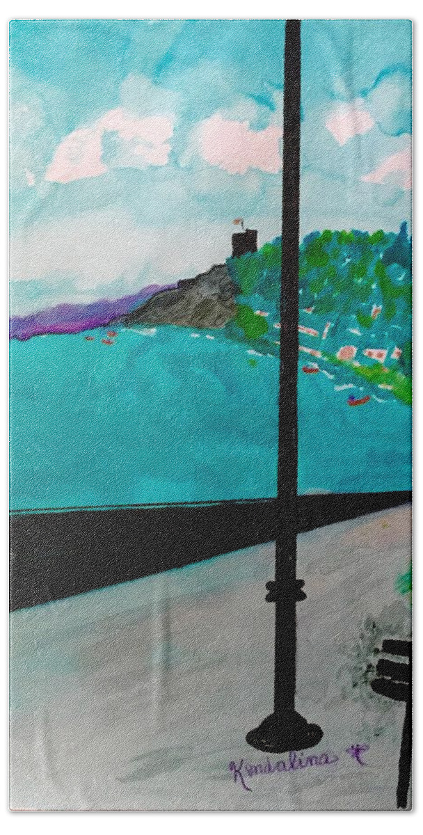 Italy Bath Towel featuring the painting San Terenzo Castle, Poets Bay, Liguria, Italy by Kenlynn Schroeder