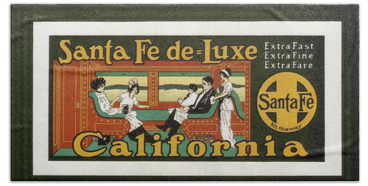 Santa Fe De Luxe Hand Towel featuring the mixed media Santa Fe De Luxe California - Railway - Retro travel Poster - Vintage Poster by Studio Grafiikka