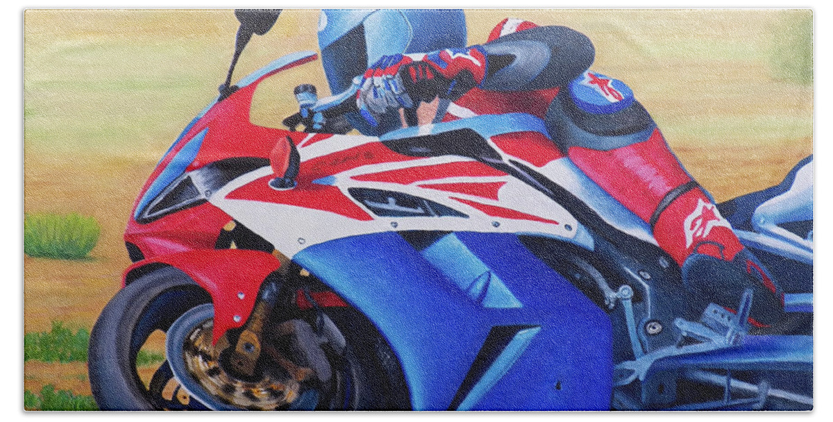 Motorcycle Bath Towel featuring the painting Santa Fe Rush by Brian Commerford