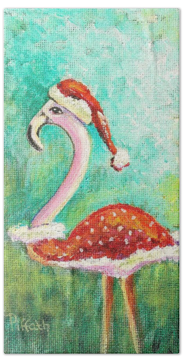 Christmas Hand Towel featuring the painting Santa Flamingo by Patricia Piffath