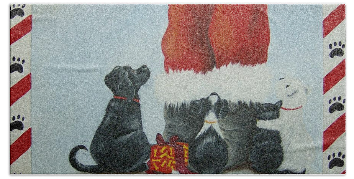 Santa Bath Towel featuring the painting Santa's Little Helpers by Debra Campbell