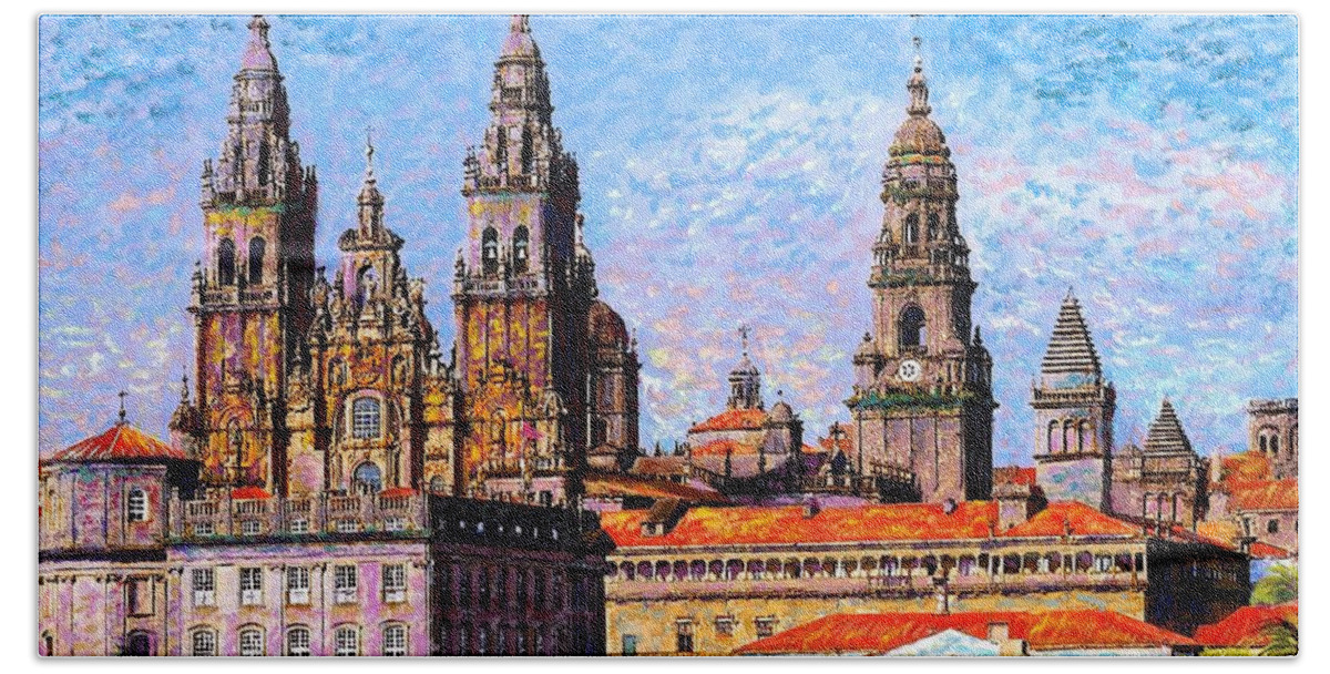 Spain Hand Towel featuring the painting Santiago de Compostela, cathedral, Spain by Jane Small