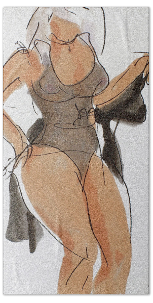 Striptease Bath Towel featuring the drawing Sassy in black silk by Peregrine Roskilly