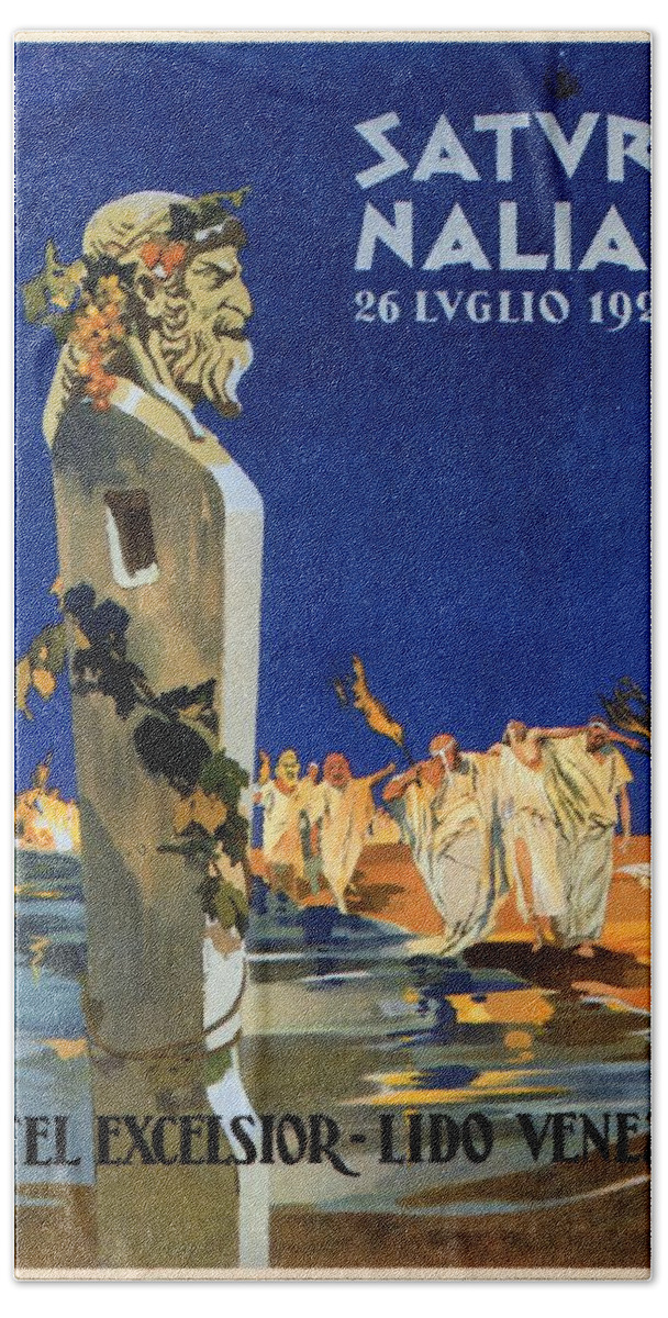 Saturnalia Bath Sheet featuring the painting Saturnalia celebrations on Lido di Venezia - Venice, Italy - Vintage Poster by Studio Grafiikka