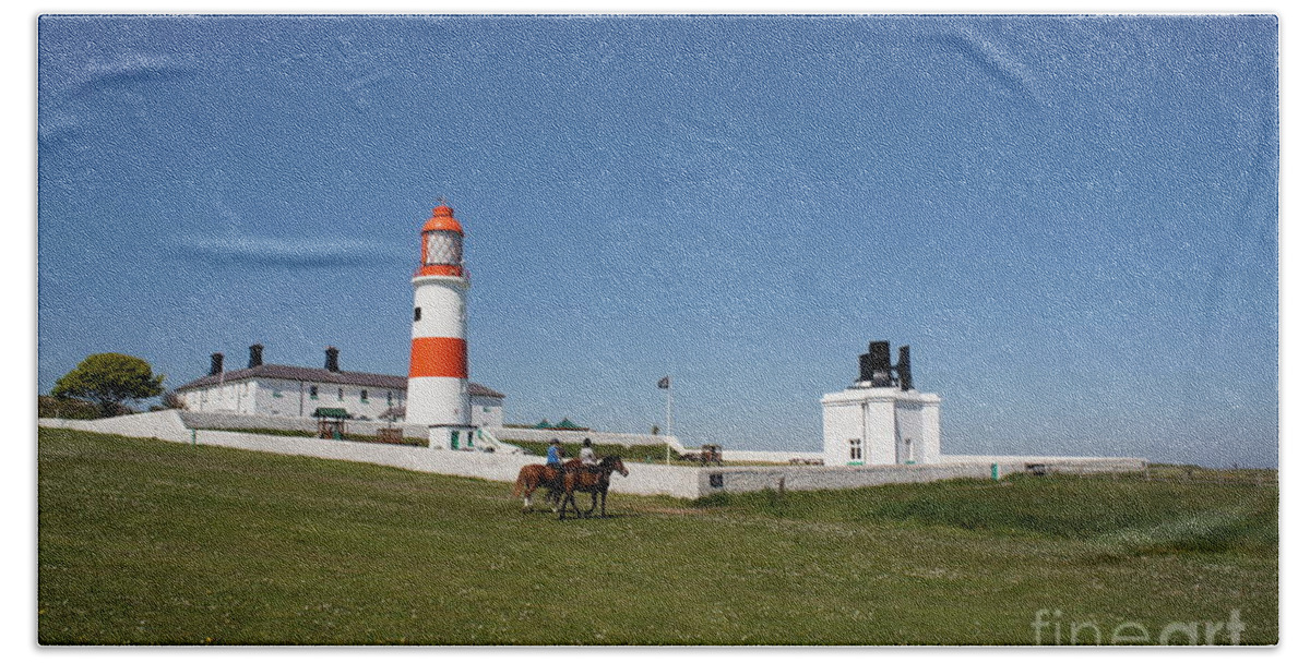 Lighthouse Bath Towel featuring the photograph Souter Lighthouse and foghorn. by Elena Perelman