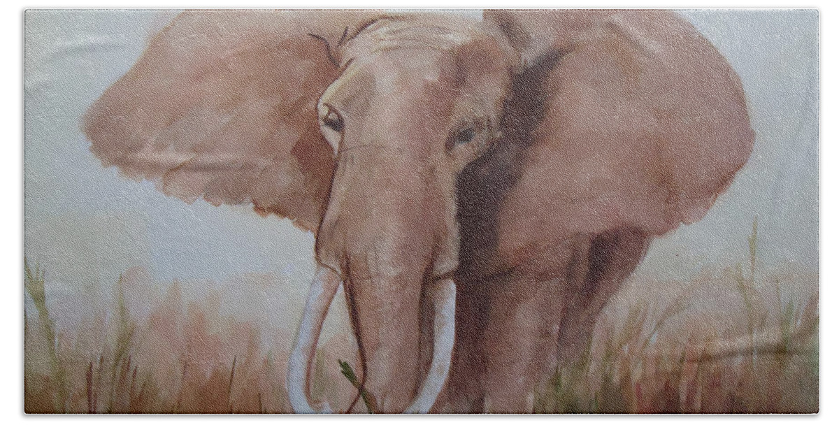 A Large African Elephant In The Middle Of The Savannah.  African Elephant Hand Towel featuring the painting Savannah Queen by Charme Curtin