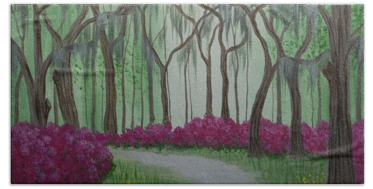 Spanish Moss Hand Towel featuring the painting Savannah Spring by Emily Page