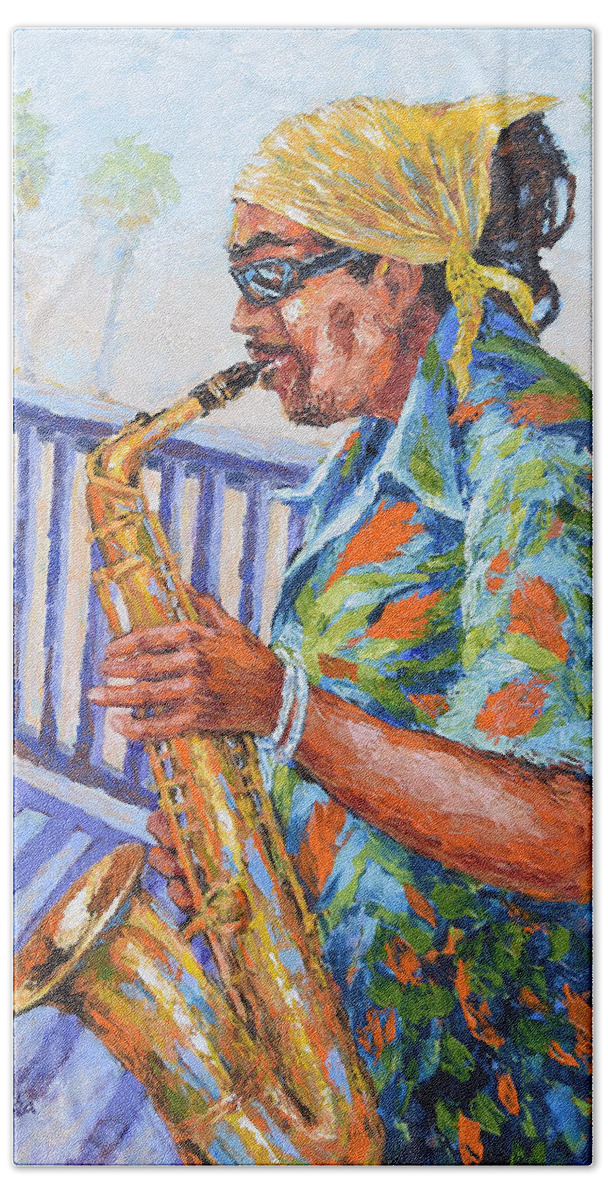Music Bath Towel featuring the painting Saxophone Player by Jyotika Shroff