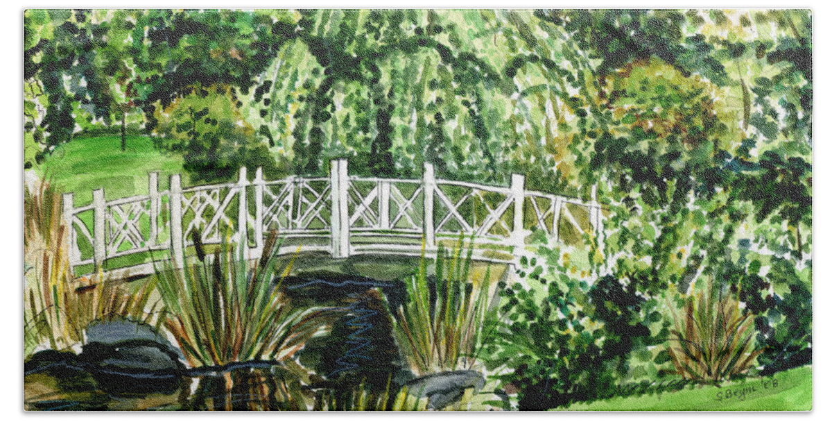 Green Bath Towel featuring the painting Sayen Bridge by Clara Sue Beym