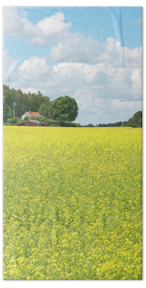 Field Bath Towel featuring the photograph Scandinavian summer landscape with yellow meadow by GoodMood Art