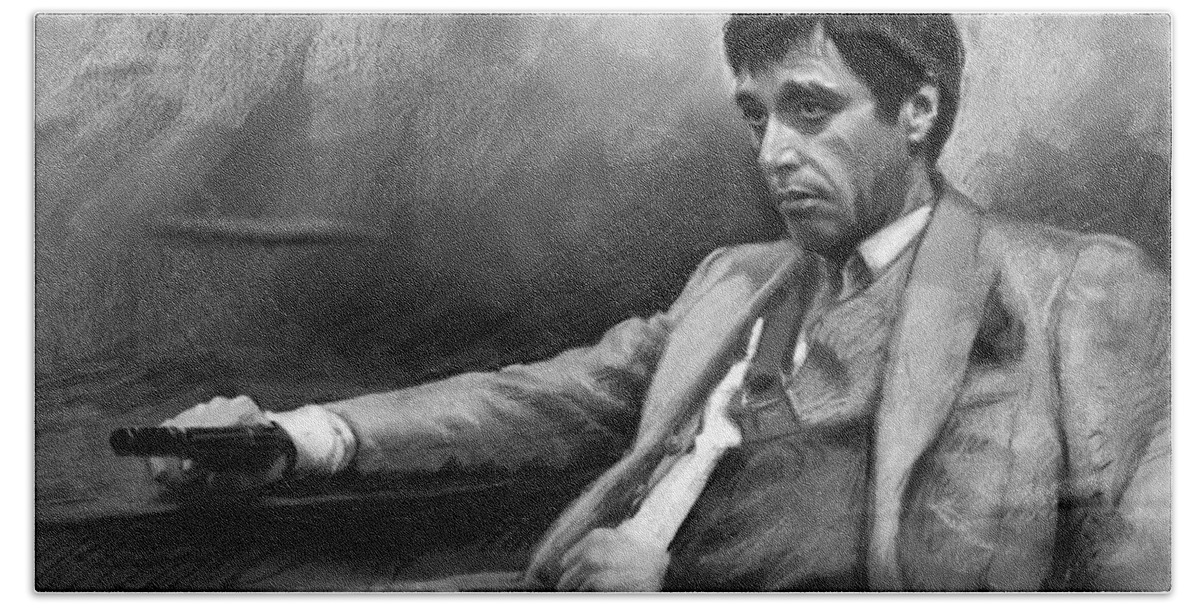 Al Pacino Hand Towel featuring the pastel Scarface 2 by Ylli Haruni