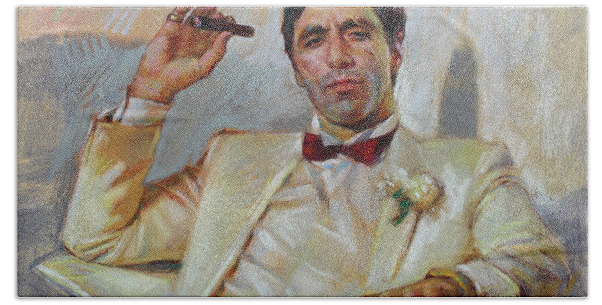 Scarface Hand Towel featuring the pastel Scarface by Ylli Haruni