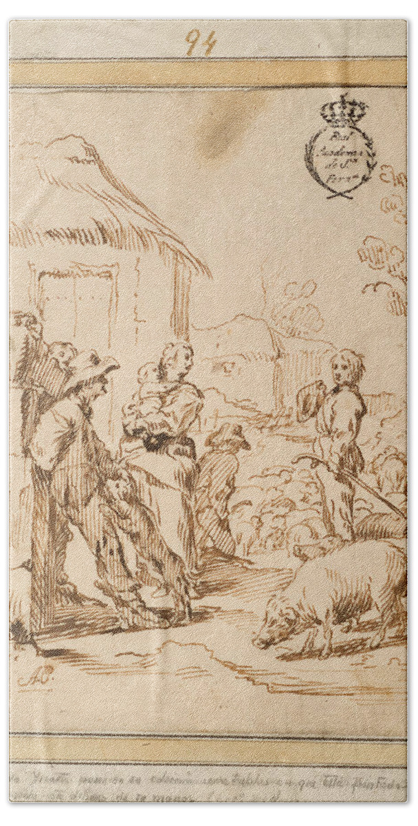 Antonio Del Castillo Y Saavedra Bath Towel featuring the drawing Scene with peasants by Antonio del Castillo y Saavedra