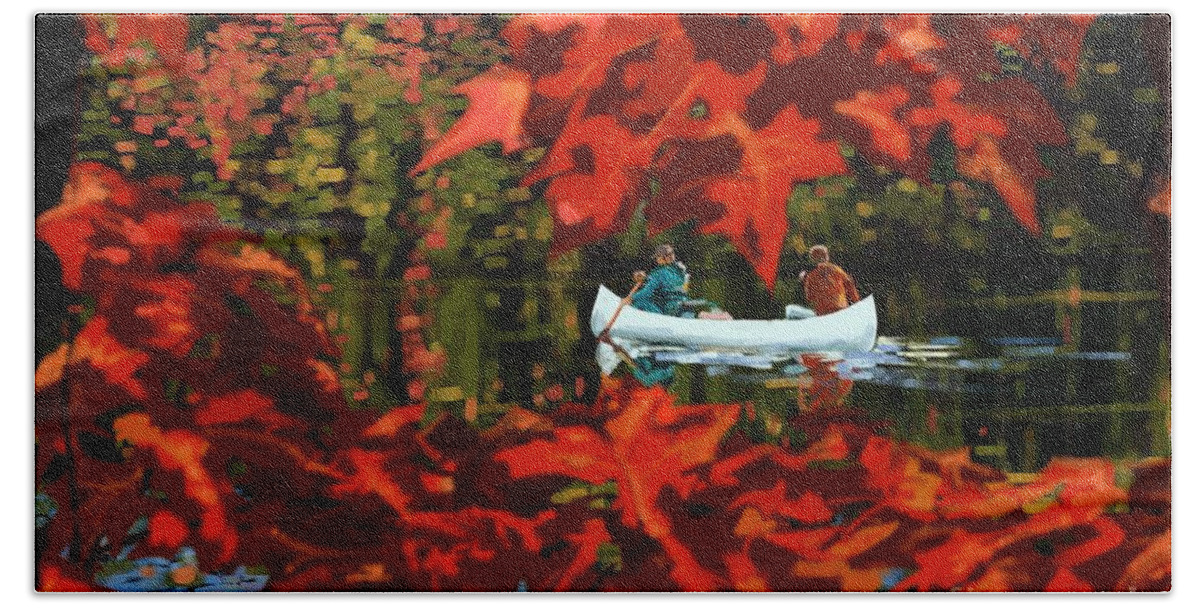 Fall Hand Towel featuring the painting Scenic Autumn canoe by Sassan Filsoof