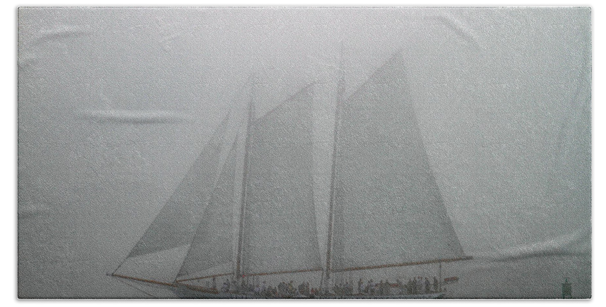 Bonnie Follett Bath Towel featuring the photograph Schooner in fog by Bonnie Follett