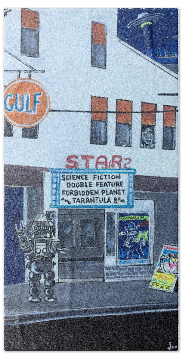 Science-fiction Double-feature Robbie Robot Forbidden Planet Tarantula Leo G. Carroll 1950's 1955 1956 Star Theatre Newmarket New Hampshire Theater Cinema Hand Towel featuring the painting Science Fiction Double Feature by Jonathan Morrill